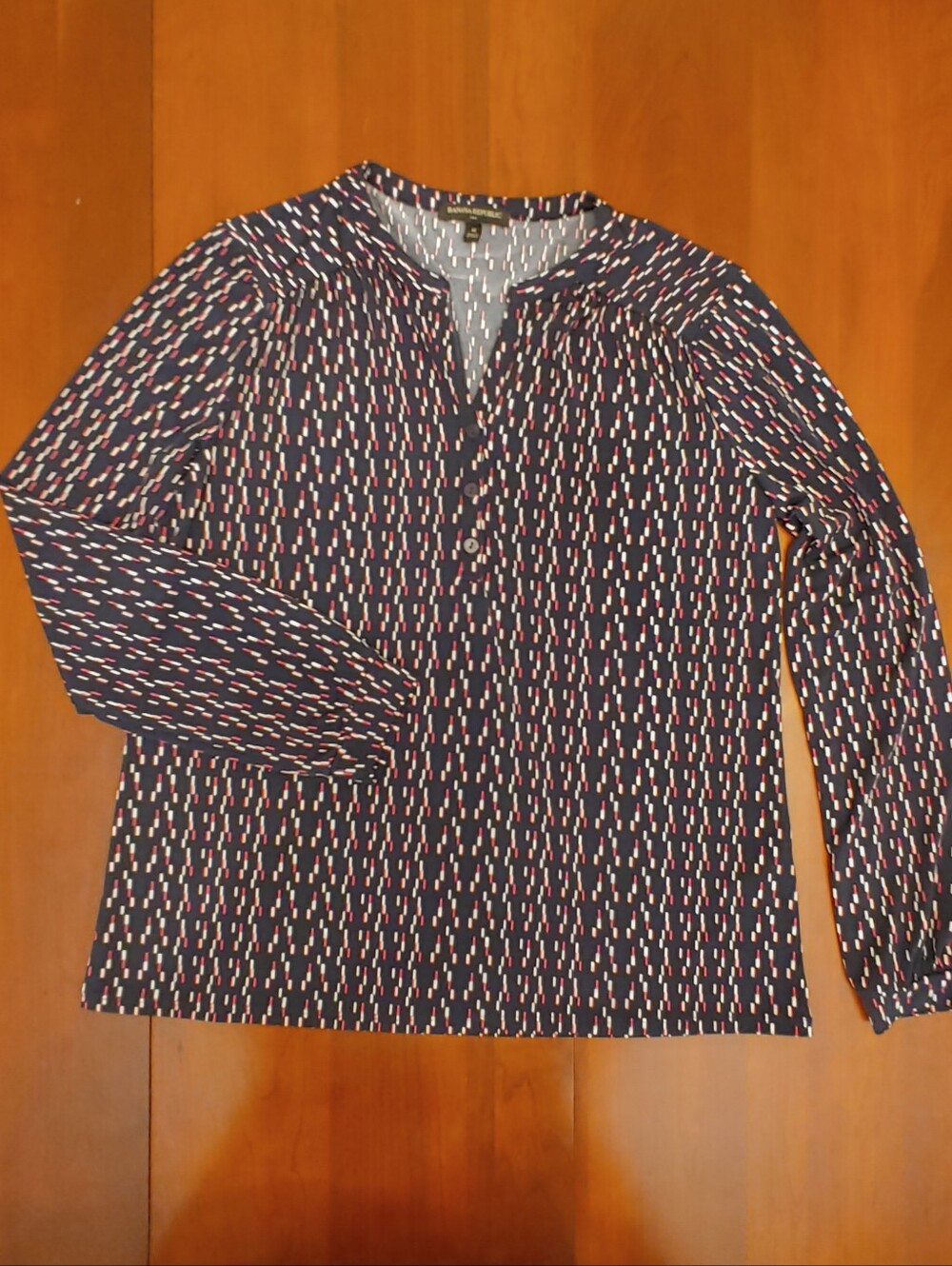 Banana Rep Women's Black/Red/White Patterned Long-Sleeve Henley Blouse (#326)